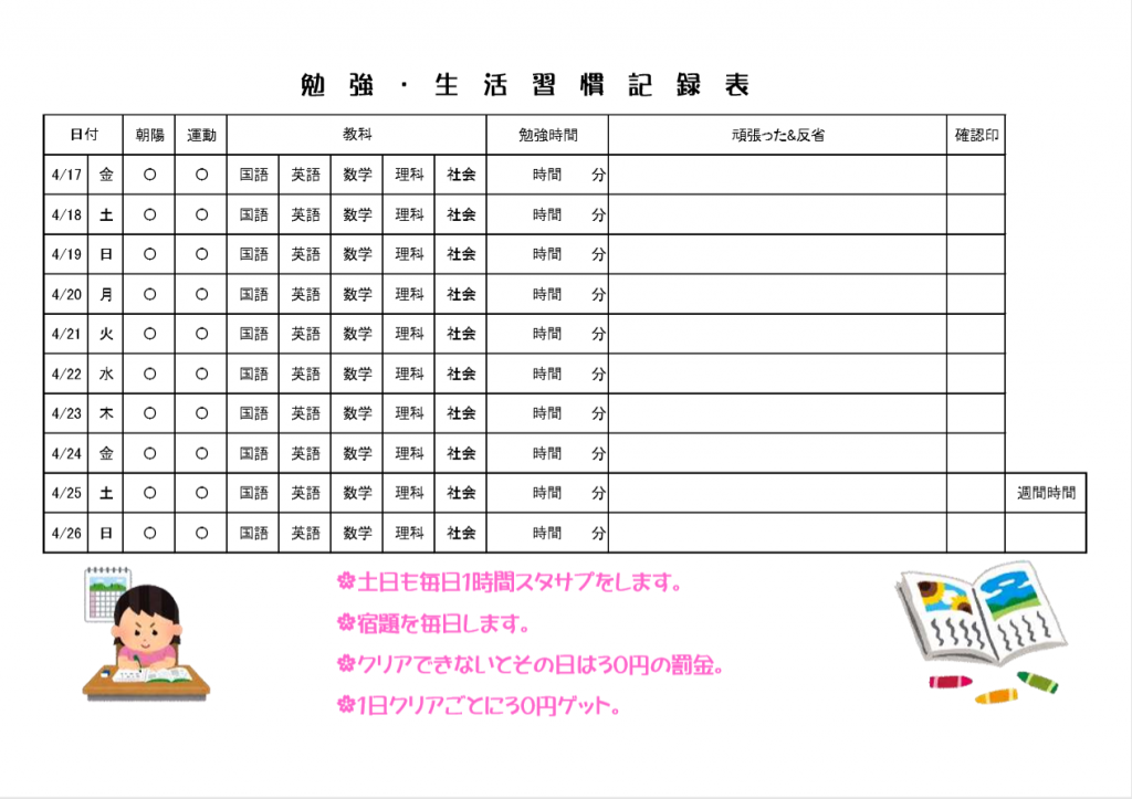 勉強・生活習慣記録表